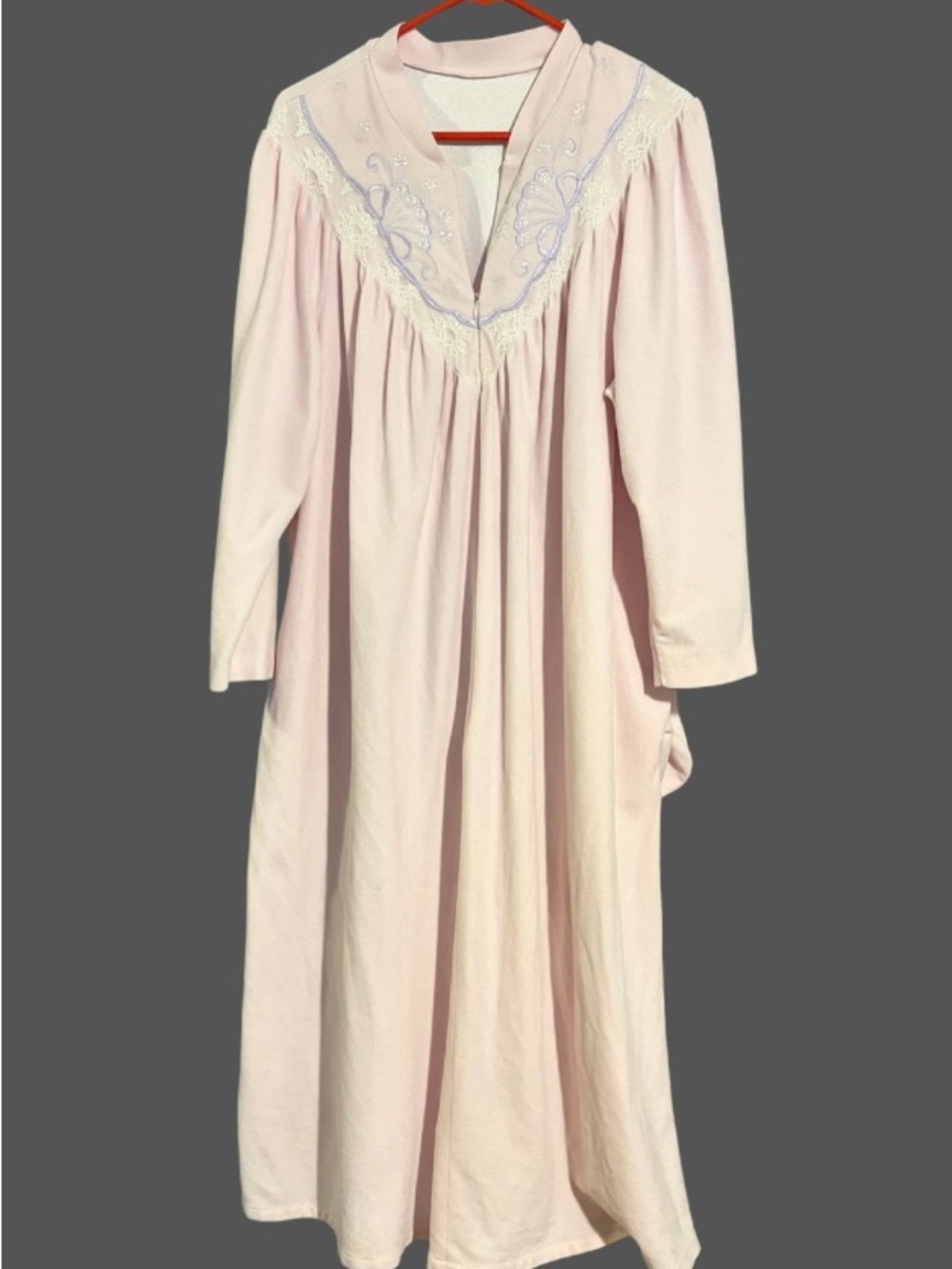 VTG Vanity Fair Pink Fleece Zipper Loungewear Robe Lace Embroidery Maxi S/M